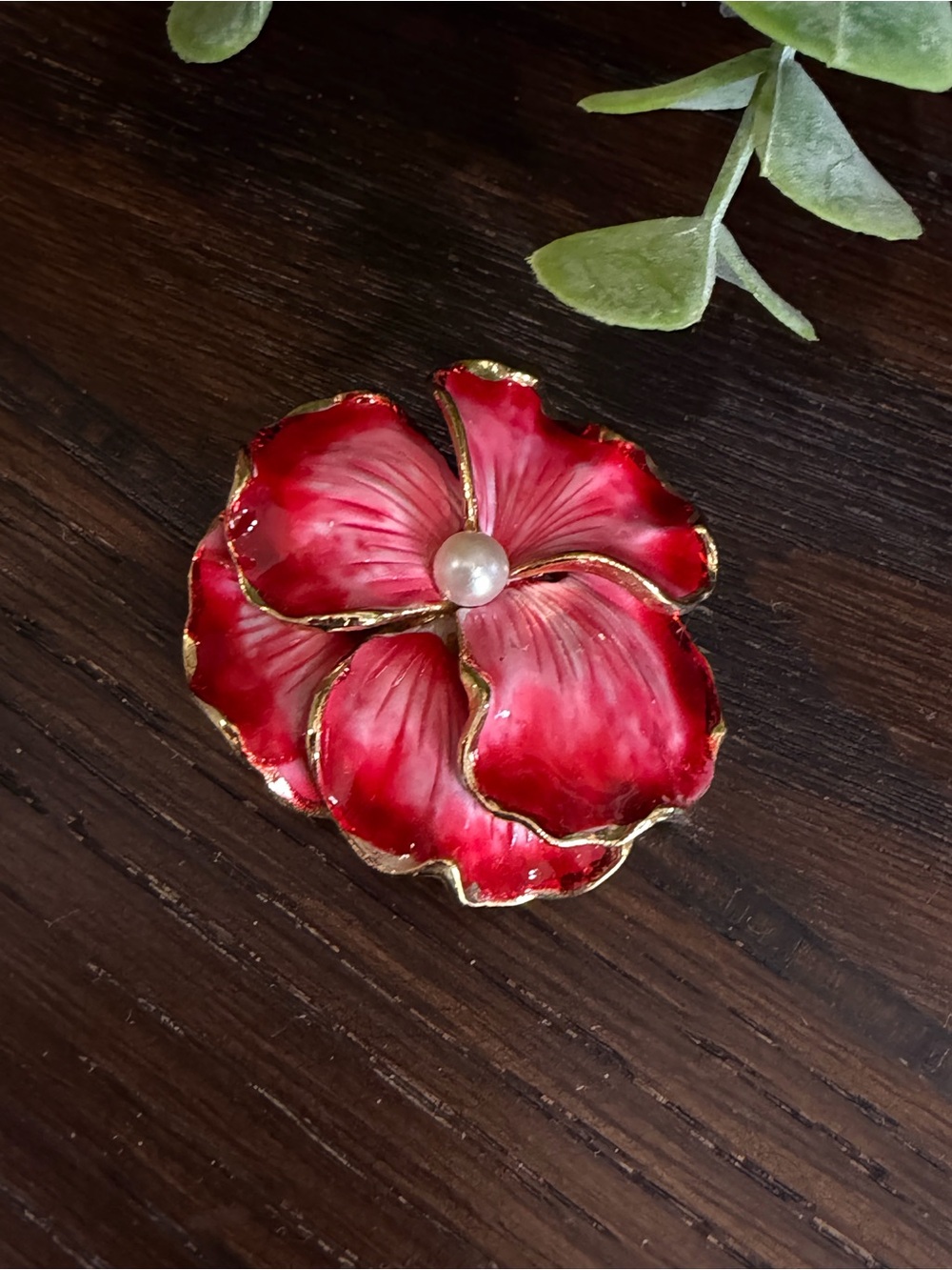 WEISS Red Enamel Flower Brooch Pin with Pearl Center 1.75”